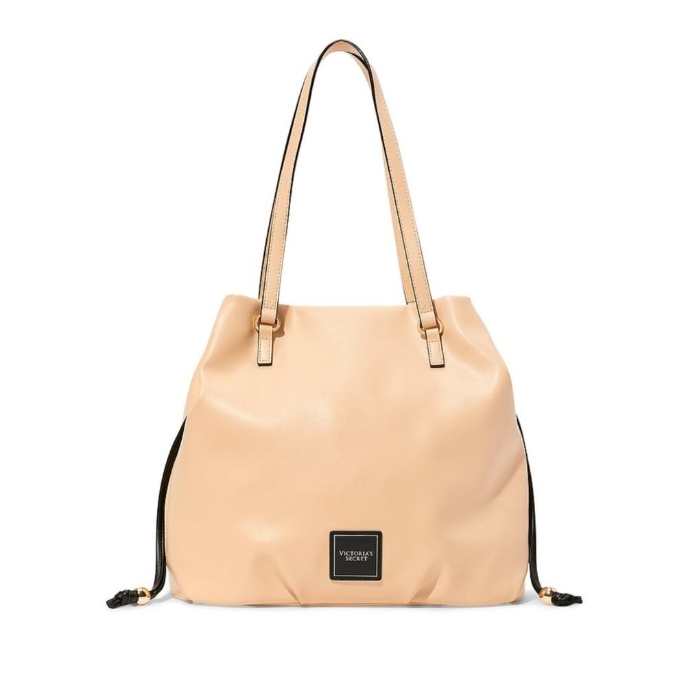 Victoria's Secret Beige Drawstring Tote Bag Faux Leather Shoulder Bag Logo Patch - Picture 2 of 5